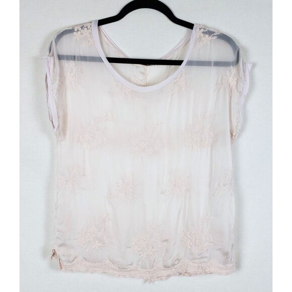 Angela Moda Silky Fairy Top Pale Pink Womens M Embroidered Delicate Split Back - Picture 1 of 8